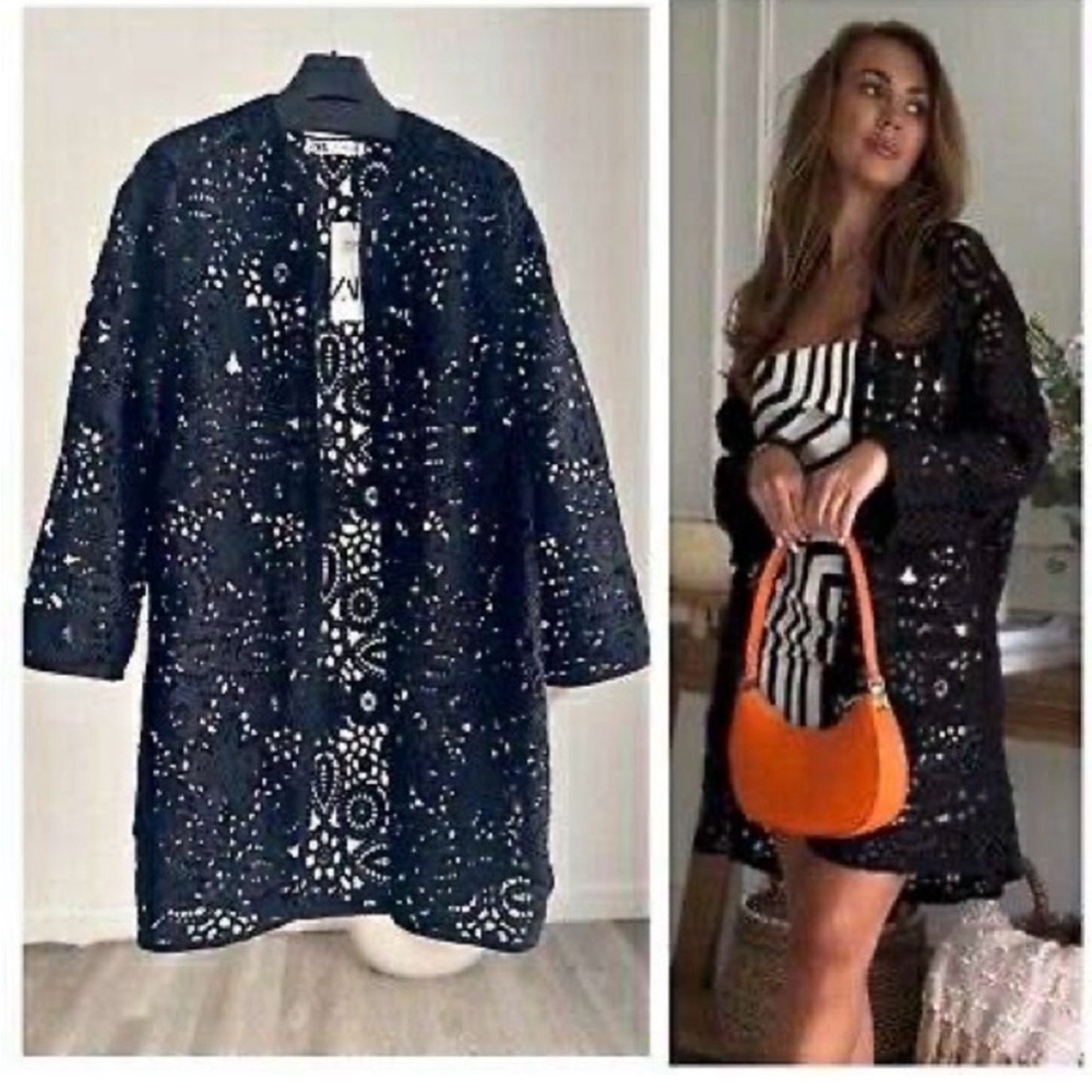 NWT Zara Black Macrame Crochet Duster Jacket